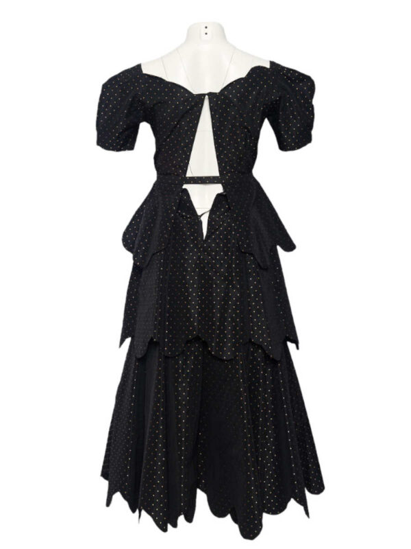 Abendkleid Seide Carven Couture, schwarz mit Gold Punkten – Bild 3