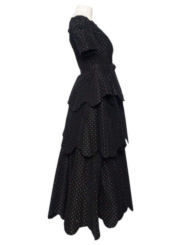 Abendkleid Seide Carven Couture, schwarz mit Gold Punkten – Bild 2