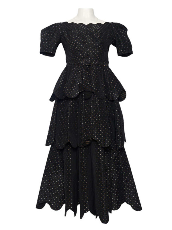 Abendkleid Seide Carven Couture, schwarz mit Gold Punkten